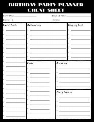 Planner Cheat Sheet Birthday Party Black & White